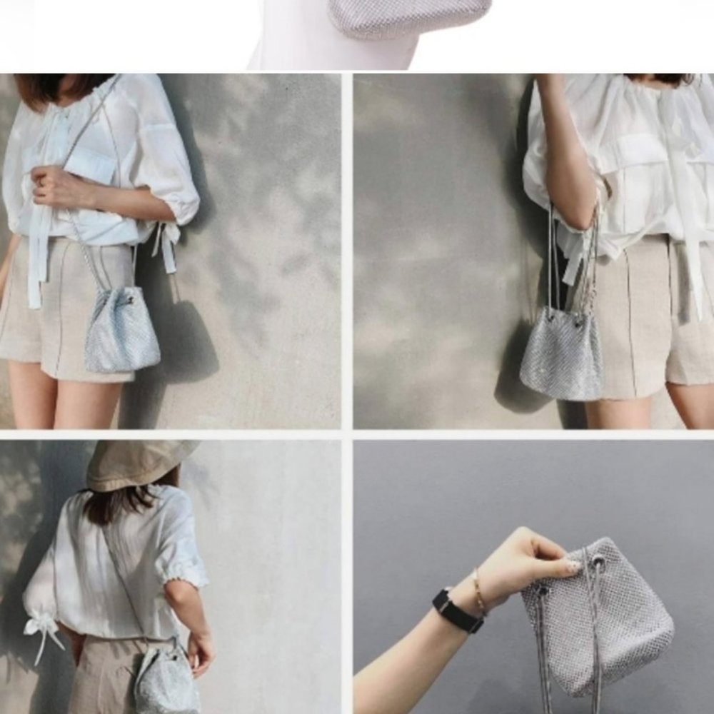 ESTEE & LILLY Silver Link Crystal Bucket Shoulder Bag